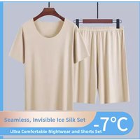 Cool Ice Silk Sleepwear Short Sleeve round Neck Couple's Home Clothes Thin Seamless Summer Set Men's Briefs Comfortable Under...