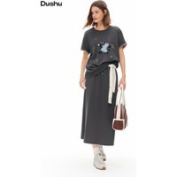 DUSHU Women Sweet Cartoon Hand-Painted Print Casual T-Shirt and Skirt Set 2026 Fashion Short Sleeve Set Leisure Loose Fit Daily