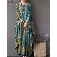 Vintage Printed Dresses ZANZEA Autumn Sundress Women Bohemian Casual Long Sleeve O Neck Dress Elegant Loose Maxi Vestidos Robe