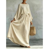 Solid Color Casual Round Neck Linen Maxi Dress, Self-Fabric Tie Waist, Lazy Loose Fit, Holiday Floor-Length Dress