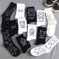 6 Pairs of Men's Black and White Harajuku Style Socks With Quirky Personality Devil Like Cotton Cartoon Print Mid Tube Socks