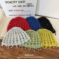 Niche Boho Style Beaded Design Cold Hat Spring and Summer Thin Hand-crocheted Knitted Hat Women Hollow Sweet Literary Beanie Cap