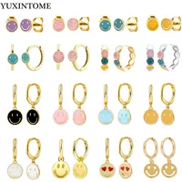 925 Sterling Silver Ear Needle Enamel Smile Face Gold Pendant Earrings Hoop Ear Buckle Party Fashion Jewelry Girl Birthday Gift