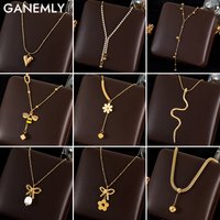 GANEMLY 316L Stainless Steel Flower Bee Snake Heart Ball Pendant Necklace For Women Fashion Punk Neck Chain Jewelry Gift Collar