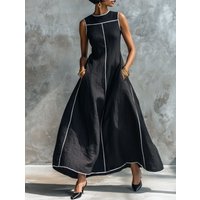 Summer Women Casual Color Blocking Chic Maxi Dress O Neck Holiday Fashion Elegant Party Dress Sleeveless Simple Ladies Dresses