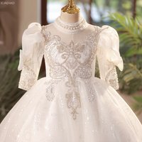 New Girls White Flower Girl Wedding Dress Children Middle Sleeve Puffy Performance Pageant Formal Princess Party Gown for Host