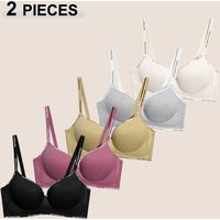 Trendy 2Pcs/Set Women's Seamless Solid Color Bras Sexy Letter Straps Wireless Push Up Underwear New Ladies Deep V Neck Brassiere