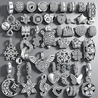NEW 925 Silver CZ Pave Charms for Bracelet DIY Jewelry Making Heart Turtle Flower Snowflake Pendant Beads for Women Jewelry Gift