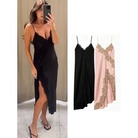 TFMLN Women Sling Dress Side Slit Hem Asymmetric Sexy V neck Spliced Lace Satin Dresses Elegant Backless Robe Summer New