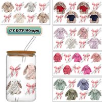New Design Cute Plush Bunny UV DTF Wraps Bow & Rabbit Stickers for 16oz Glass Cans Waterproof DIY Transfer Decals
