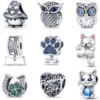 925 Silver Color Mushroom Owl Cat Bone Animal Charms Beads Fit Pandach 925 Original Bracelets Fine DIY Birthday Jewelry Gifts