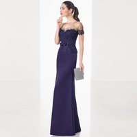 Exquisite Wedding Guest Dresses Crepe Fabric Sheath/Column Evening Dress Navy Blue O-Neck Bow Lace Groom's Mother Dresses Long