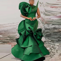 Sequined Sleeveless Mermaid Prom Dresses Green Satin Ruffles Evening Gowns Tiered Floor Length Formal Party Dress Customized