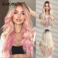 OLACARE Synthetic Ombre Blonde Brown Pink Wig Long Wavy Wigs with Bangs Daily Cosplay Party Use Heat Resistant Fiber for Women