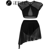 Women's Lyrical Dance Costume Cut Out Crop Top with Asymmetrical Flowy Mesh Tulle Skirt Modern Contemporary Dancewear