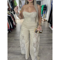 Fashion Lace Clothings Solid Sets Elegant Strapless Vest Top & Long Pants Outfits Women Sexy Sleeveless Hollow Out 2 Piece Suit