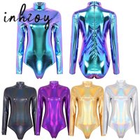 Women Shiny Glossy Clubwear Long Sleeve Turtleneck Zipper Leotard Top Artistic Gymnastics Jumpsuit for Rave Party Pole Dancing