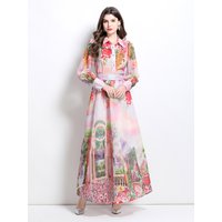Spring Fall Gradient Print Shirt With Skirt 2 Pieces Sets Women's Lantern Sleeve Shirt + Maxi Skirts Suit Casual Organza Outfit