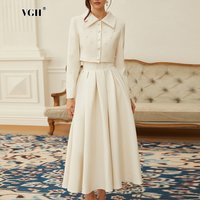 VGH Elegant Bridesmaids White Two Piece Set for Women Lapel Pearl Accent Crop Jacket A Line Midi Skirts Suit for Formal Events