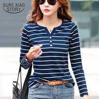 Cotton T-Shirt Women Long Sleeve Striped T Shirt Fashion 2025 Spring Autumn Female Clothes Top Tee Lady V-neck Tops 7215