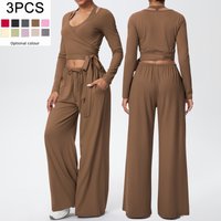 3PCS/set Woman Sports Fitness Clothing Yoga Set Sexy Backless Yoga Vest Solid Color Long Sleeves Running Cycling Wide Leg Pants