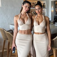 EINY Chic Luxury New Women's Metal Decorated Halter Neck Skirt Set Two-Piece Ensemble Elegant Ins Style Floor-Lengt Party Outfit