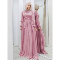 Elegant Satin Maxi Dress for Women Muslim Abaya Lace-up Long Sleeve Ramadan Long Dress Robe Arab Ankle-Length Vestidos 2023