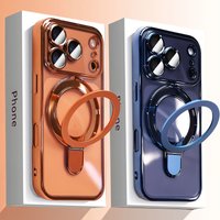 Transparent plating wireless charging magnetic case for iPhone 17 16 15 14 13 Pro Max with lens protection bracket back cover