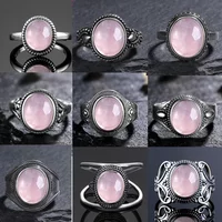 Silver Plated Ring for Women Oval Round Natural Rose Quartz Ring Gift Sun Shaped Retro Luxury Fine Jewelryl