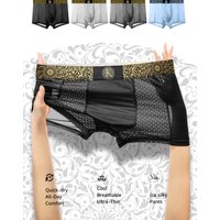 1PC Mesh Ice Silk Boxer Shorts Men's Underwear Underpants Luxury Boys Retro Panties Bamboo Lingerie Plus Size Gold Black Print
