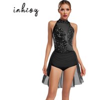 Womens Glittery Rhinestone Latin Dance Leotard Sleeveless Back Hollow Out Irregular Skirted Bodysuit for Latin Chacha Gymnastics