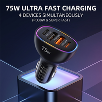 75W Fast Charging Multiport USB C Car Charger 4 Ports Auto Adapter with RGB LED Ring PD 30W Multiple Protection For iPhone