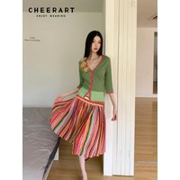 CHEERART Vintage Striped Summer Skirts Woman Clothing Rainbow Colours Pleated A Line Knee Length Skirt Outfit