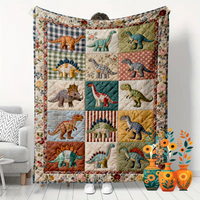 Vintage Patchwork Dinosaur Flat2D Digital Print Flannel Throw Blanket - Soft Warm and Living Room Blanket for Multiple Patchw