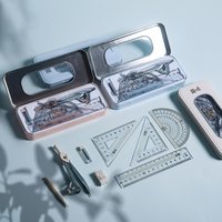 8-in-1 Compass Ruler Set with Iron Box Mathematical Geometry Drawing Tools Protractor Stationery for Students