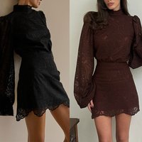 Women Lace Patchwork fashon Elegant Set Lantern Sleeve Stand Collar Shirt tops + High Waist A-Line Mini Skirt