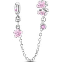 925 Sterling Silver Charms Bead CZ Zircon Pink Flower Safety Chain Fit Original Bracelet DIY Women Jewelry Gift