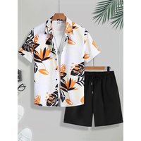Men's Short-sleeved Shirt Set Blue Ocean Palm Tree Print Hawaiian Seaside Vacation Style Shirt Set