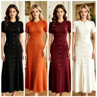 Vintage Cable Knit Midi Dress Button Front Ruffled Short Sleeve Pocket Design Elegant Party Casual Knitted Dress