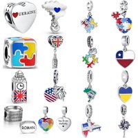 925 Sterling Silver Fashion Charms World Travel Flag Map Autism Puzzle Roman Colosseum Women DIY Jewelry Pendant Gift