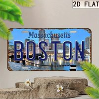 HD Aluminum Print, Vintage Boston Massachusetts Harbor Skyline Retro License Plate Style Wall Art, High Definition Bend-Resistan