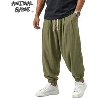 Korean Linen Pants Men's Cotton Trousers Gym Man Work Casual Pants Autumn Loose Harem Pants Spring Drawstring Streetwear Man