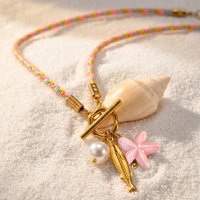 Stainless Steel Fish Ceramic Starfish Pendant Necklace OT Clasp Long Braided Cord Beach Statement Jewelry for Women Anti-allergy