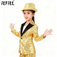 Kids Boys Jazz Dance Performance Costume Shiny Sequins Tuxedo Suit Long Sleeve Lapel Single-breasted Jacket Coat with Fedora Hat