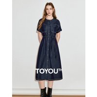 TOYOUTH Women Denim Dress 2025 Spring New Lyocell Acetate Workwear Style Round Neck Short Sleeve Elegant Dress