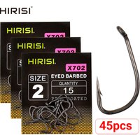 Hirisi 45pcs PTFE Coated Carp Fishing Hooks, High Carbon Steel Barbed Hooks X702, Extra Sharp Corrosion Proof Hooks