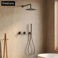 Luxury brass gun gray wall mounted shower head system with minimalist design, dual handle hot and cold water bathroom faucet
