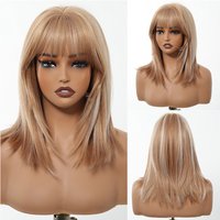 ALAN EATON Strawberry Blonde Synthetic Wigs with Bangs Medium Length Layered Straight Wig Natural Highlight Hair Heat Resistant
