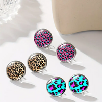 Vintage Blue Pink Brown Leopard Print Stud Earrings Silver Color Stainless Steel Dome Glass Earrings For Women