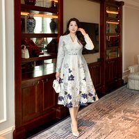 Luxury New Plus Size Elegant Dress - Light Blue Gold Pattern V-Neck Long Sleeve Tummy-Control Flared Soft Style Maxi Dress